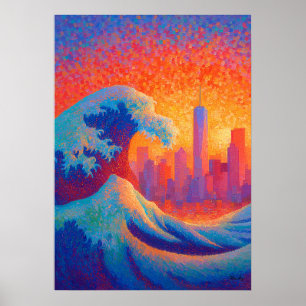 Poster Pointillisme Vague Océanique Silhouette de New Yor
