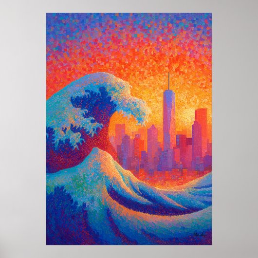 Poster Pointillisme Vague Océanique Skyline de New York (Devant)