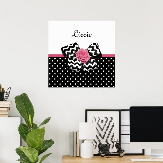 Poster Points noirs mignons Rose rose Chevron Bow et nom (Bureau à domicile)