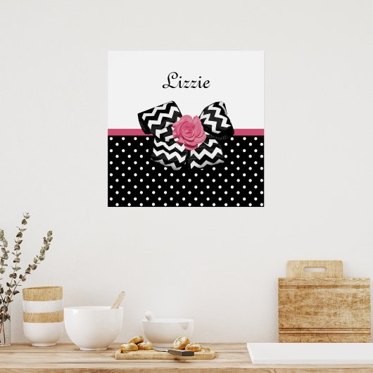 Poster Points noirs mignons Rose rose Chevron Bow et nom (Cuisine)