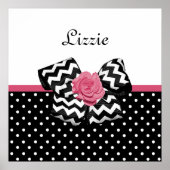 Poster Points noirs mignons Rose rose Chevron Bow et nom (Devant)