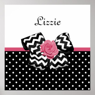 Poster Points noirs mignons Rose rose Chevron Bow et nom