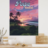 Poster Poipu Kauai Hawaii Plage Palmiers Rétro (Cuisine)