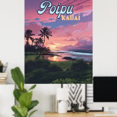 Poster Poipu Kauai Hawaii Plage Palmiers Rétro (Bureau à domicile)
