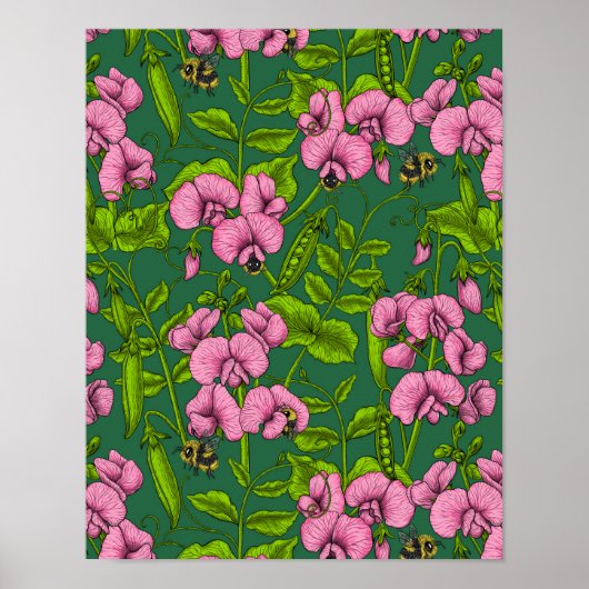 Poster Pois doux et bourdons, vert et rose (Devant)