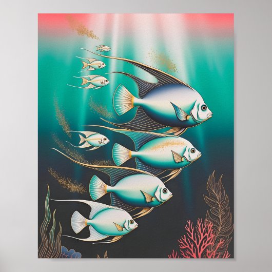 Poster Poisson-ange élégant nageant dans l'océan profond (Devant)
