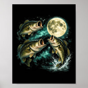 Poster Poisson bass hurle à la lune pêcheur vintage