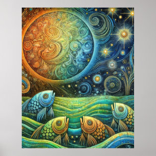 Poster Poisson Cosmique et Vagues Océaniques Vibrantes so