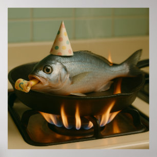 Poster Poisson Dans Une Assiette Avec Casquette Fête Sur