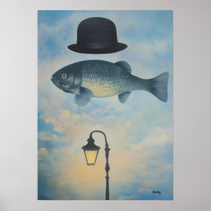 Poster Poisson de paysage surréaliste avec chapeau melon