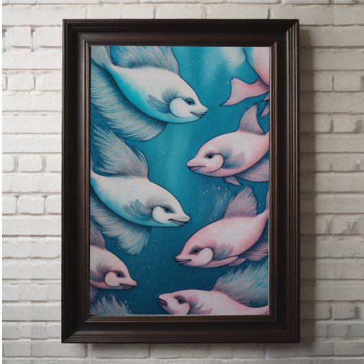 Poster Poisson Dessin de calcaire bleu rose