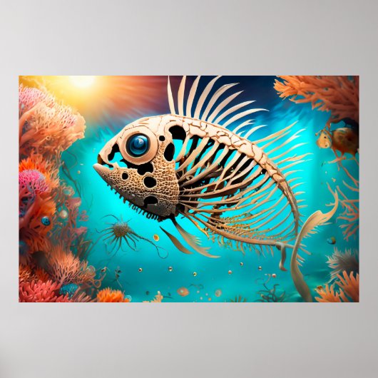Poster Poisson d'os nager à travers le corail (Devant)