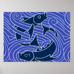 Poster Poisson Gras Nageant Océan Bleu Pêche