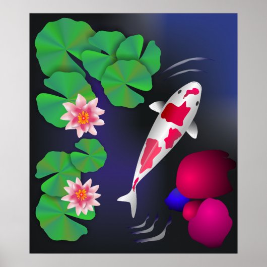 Poster Poisson japonais Koi, Fleurs de Lotus et Lys d'eau (Devant)