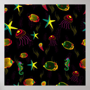 Poster Poisson jaune, noir et marron sans soudure motif. 