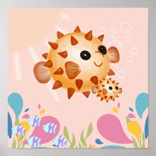 Poster Poisson mignon dans l'océan rose, (Devant)