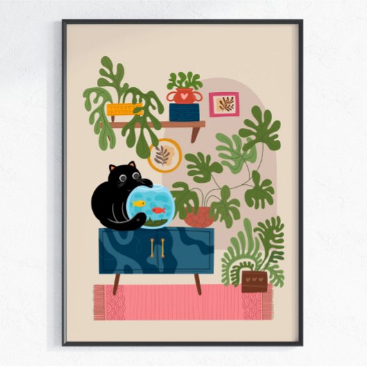 Poster Poisson Rouge Chat Noir Amateur de Chat joueur