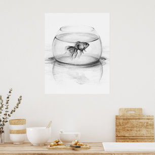 Poster Poisson rouge dans un bol et eau Dessin au crayon