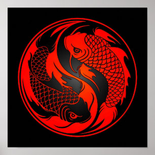 Poster Poisson Yin Yang Koi rouge et noir