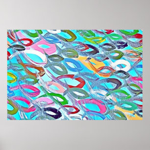 Poster Poissons colorés Abstrait Peinture Bleu rose Rouge
