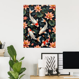 Poster Poissons de Koi et fleurs de Lotus