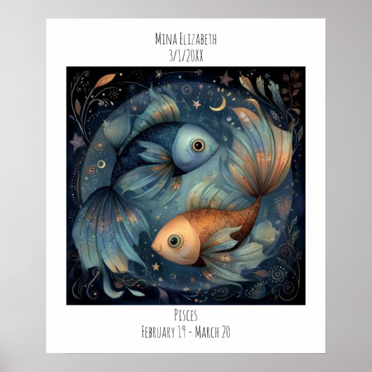 Poster Poissons Zodiaque Astrologie Nom & Anniversaire (Devant)