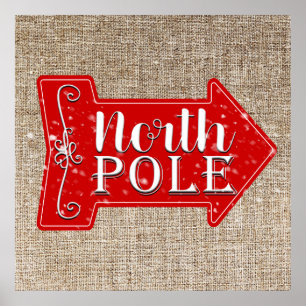 Poster Pôle Nord Flèche Rouge Noël Rustique Fêtes