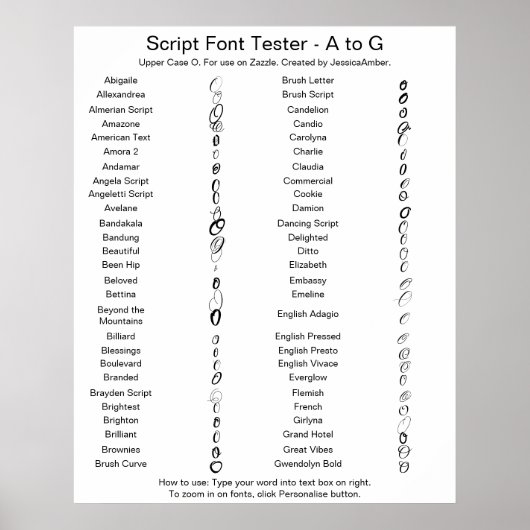 Poster Police de caractères Script Zazzle A - G Comparais (Devant)