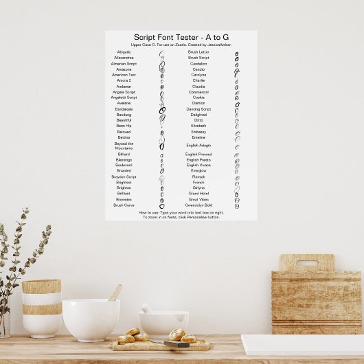 Poster Police de caractères Script Zazzle A - G Comparais (Cuisine)