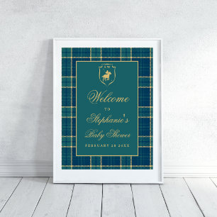 Poster Polo classique vert à carreaux Baby Shower Équestr