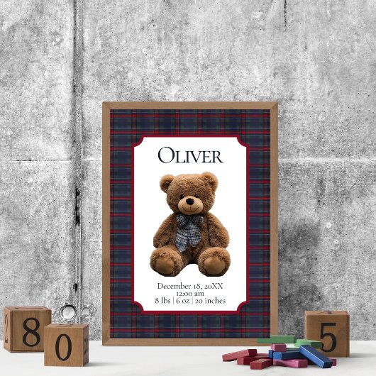Poster Polo Teddy Bear Tartan Plaid Baby Name Birth Stats