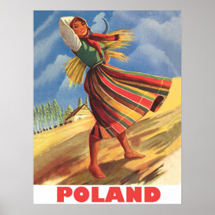Poster Pologne, femme de village dans le champ