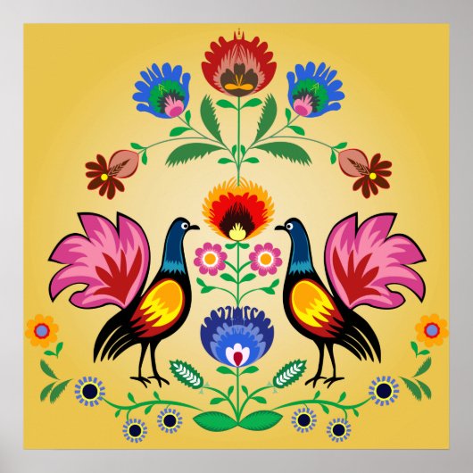 Poster Polonais Avec Floral Décoratif & Cockerels (Devant)
