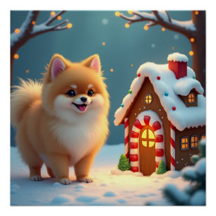 Poster Pomeranian dans le village de pain d'épices de Noë