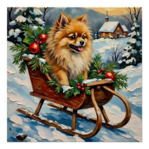Poster Pomeranian vintage dans traîneau de Noël en bois