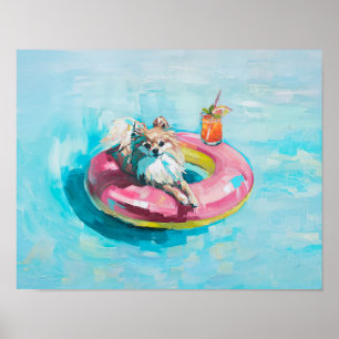 Poster Poméranie Pool Flotter Art Imprimer : Chien d'été