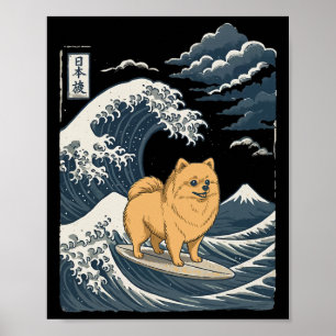 Poster Poméranien surfant sur une vague japonaise _2