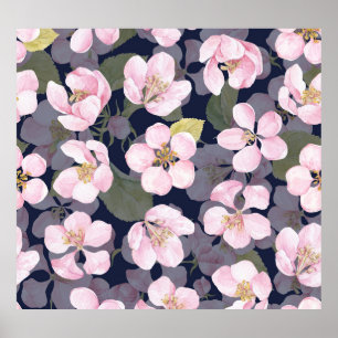 Poster Pomme en fleurs : Aquarelle bleu foncé