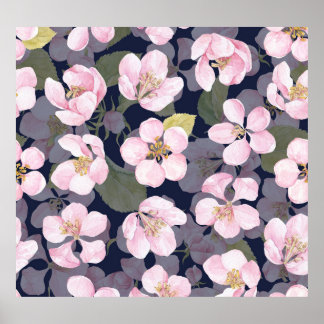 Poster Pomme en fleurs : Aquarelle bleu foncé