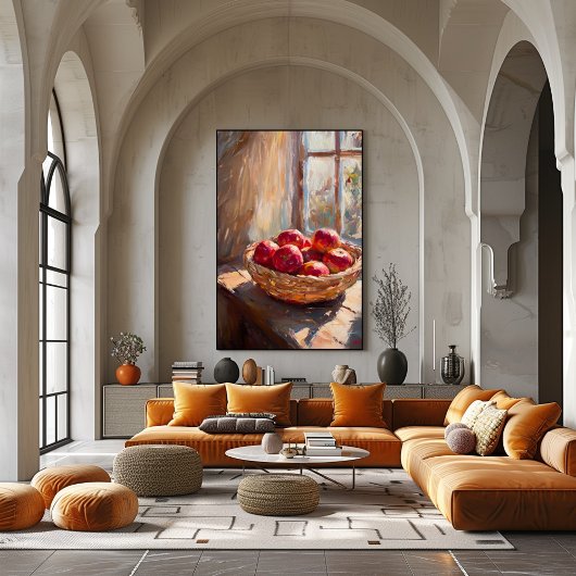 Poster Pommes dans le panier par fenêtre éclairée - Impre