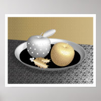 Pommes d'or et d'argent sur une plate-forme d'arge