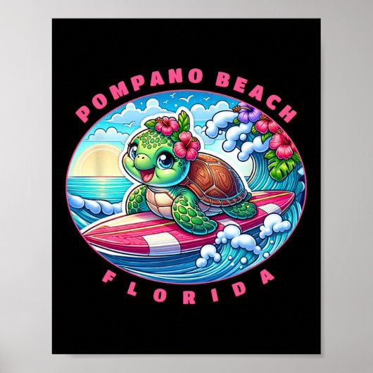 Poster Pompano Beach Floride Jolie Fille de Surf Tortue d (Devant)