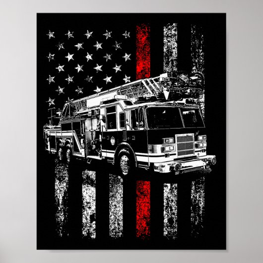 Poster Pompier Drapeau Américain Ligne Rouge Fine Pompier (Devant)