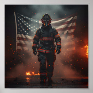Poster Pompier Héroïque avec Drapeau Américain Patriotiqu