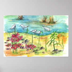 Poster Pond Birds Aquarelle Peinture Nature Art