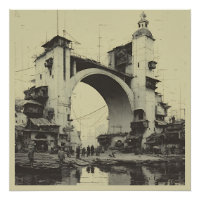 Pont arché vintage sépia Marché de la rivière