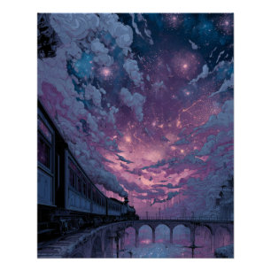 Poster Pont crépusculaire sous un ciel étoilé rêveur