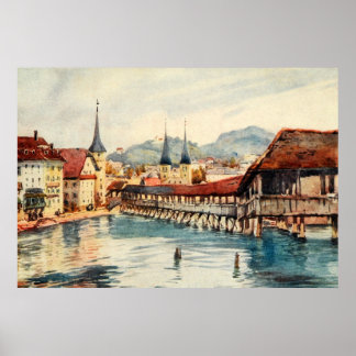 Poster Pont de la chapelle vintage de la Suisse antique L