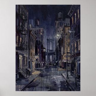 Poster Pont de Manhattan la nuit avec rue mouillée