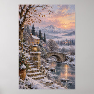 Poster Pont de pierre enneigé et coucher de soleil sur un